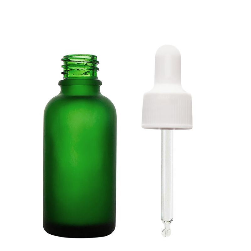 30 ml bouteille compte-gouttes en verre vert dépoli avec pipette blanche