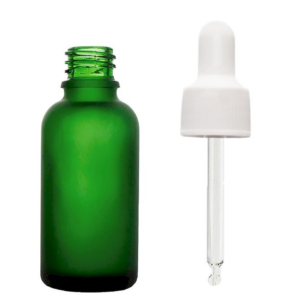 bouteilles compte-gouttes en verre vert givré de 50 ml avec pipette blanche