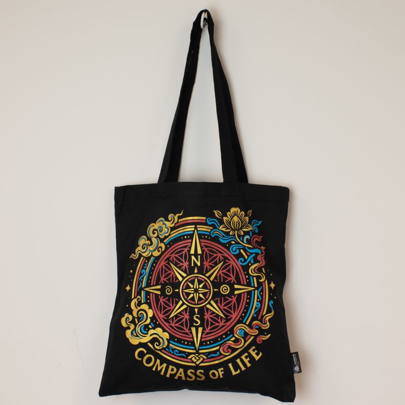 Sac Tote Bag Basique Iconic - Boussole de la vie - Noir 6 oz (40 × 36 cm)