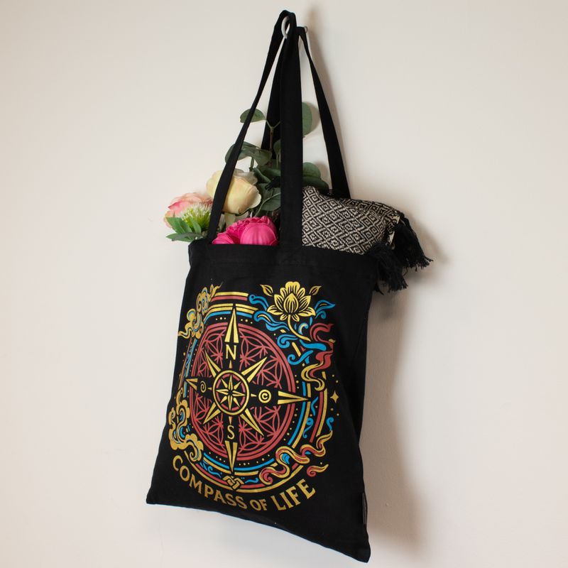 Sac Tote Bag Basique Iconic - Boussole de la vie - Noir 6 oz (40 × 36 cm)