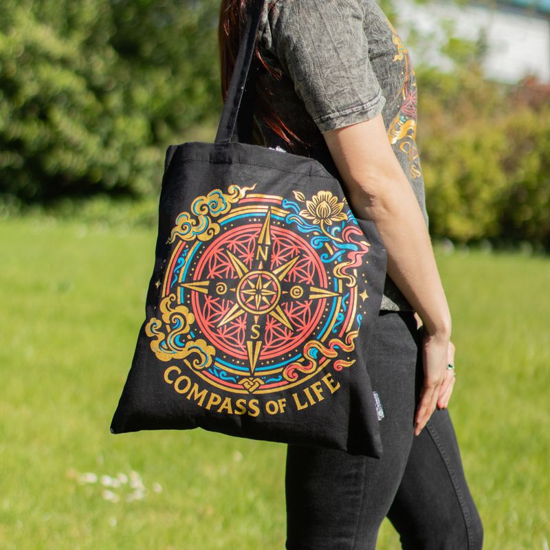 Sac Tote Bag Basique Iconic - Boussole de la vie - Noir 6 oz (40 × 36 cm)