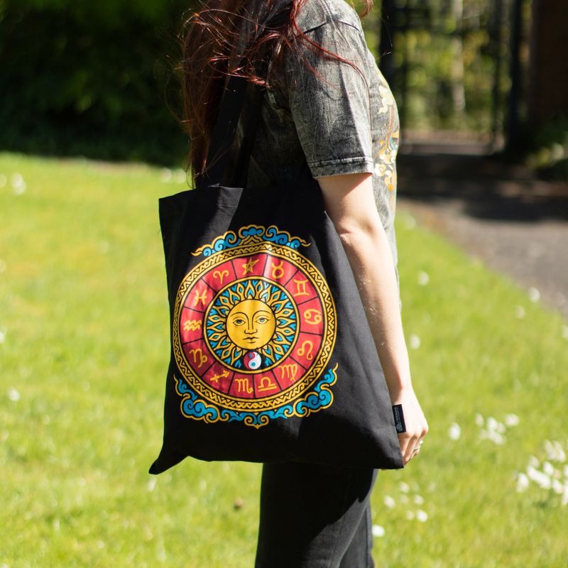 Sac Tote Bag Basique Iconic - Soleil du zodiaque - noir 6 oz (40x36 cm)
