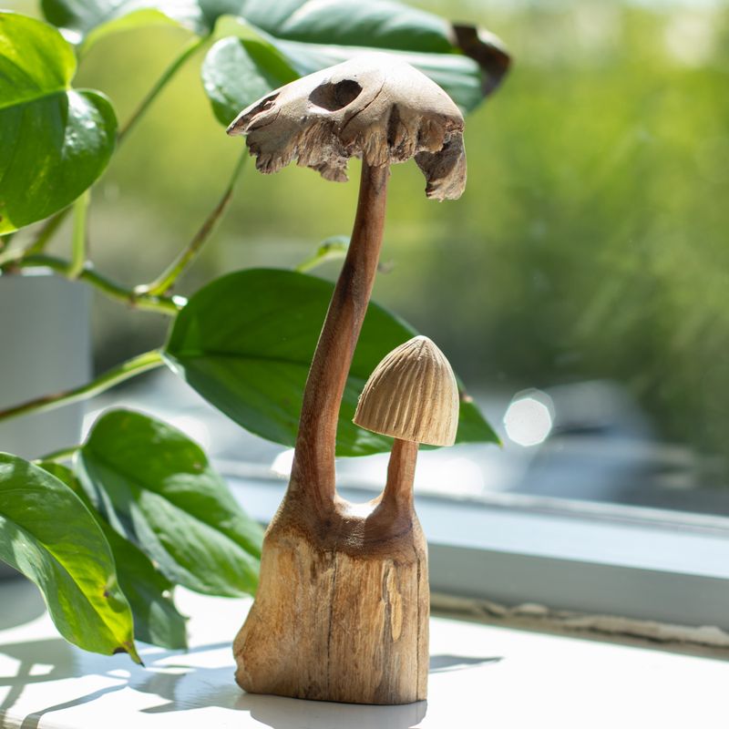 Sculpture Artisanale en Bois de Parasite - Ensemble de Deux Champignons