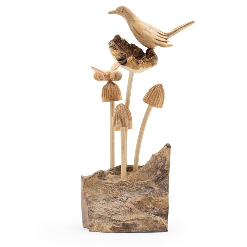 Sculpture Artisanale en Bois de Parasite - Oiseau et Abeille sur des Champignons