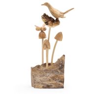 Sculpture Artisanale en Bois de Parasite - Oiseau et Abeille sur des Champignons