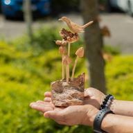 Sculpture Artisanale en Bois de Parasite - Oiseau et Abeille sur des Champignons