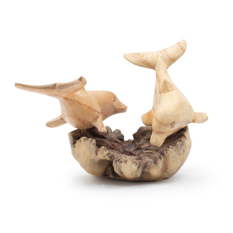 Sculpture Artisanale en Bois de Parasite - Dauphins Joueurs