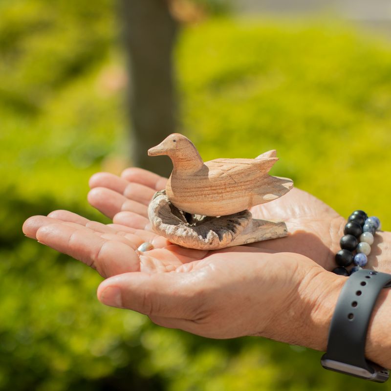 Sculpture artisanale en bois d'art parasite - Canard sauvage au repos