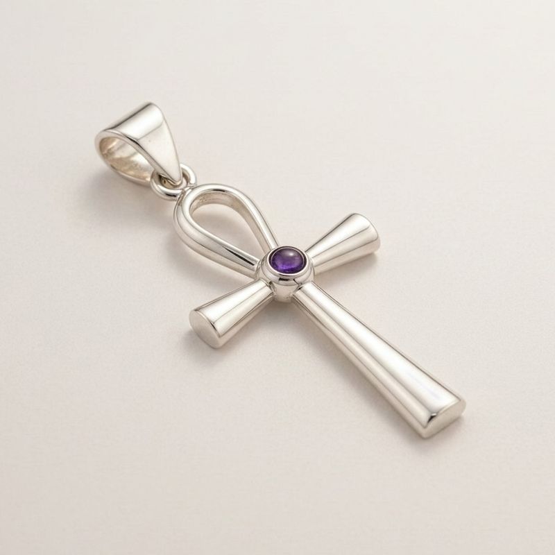 Pendentifs dévotionnels indiens - Plaqué argent (cordon de 45 cm) - Symbole Ankh de la vie éternelle