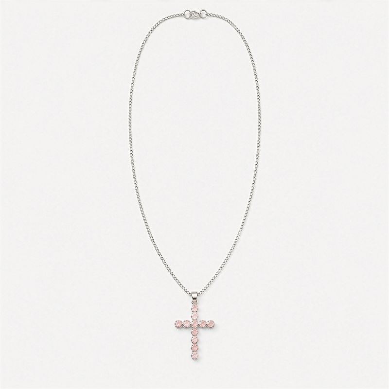 Pendentifs dévotionnels indiens - Plaqué argent (chaîne de 45 cm) - Crucifix en quartz rose