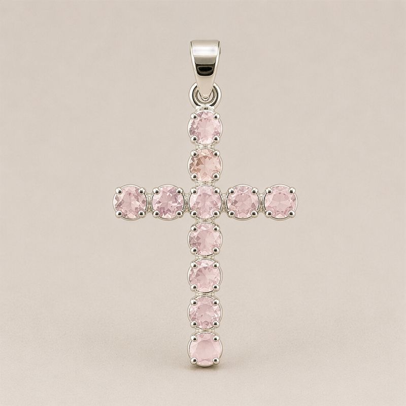 Pendentifs dévotionnels indiens - Plaqué argent (chaîne de 45 cm) - Crucifix en quartz rose