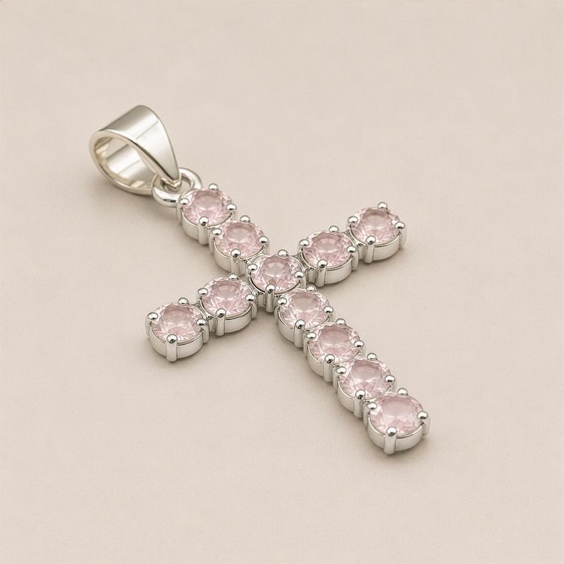 Pendentifs dévotionnels indiens - Plaqué argent (chaîne de 45 cm) - Crucifix en quartz rose