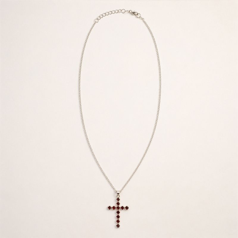 Pendentifs dévotionnels indiens - Plaqué argent (chaîne de 45 cm) - Crucifix en grenat