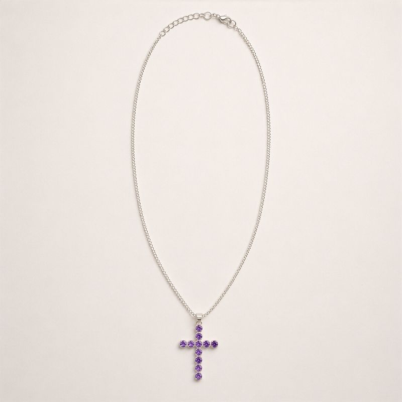 Pendentifs dévotionnels indiens - plaqué argent (chaîne de 45 cm) - crucifix en améthyste