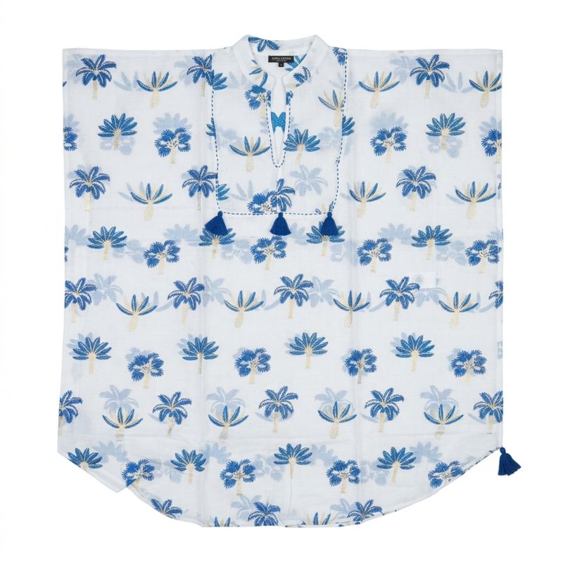 Nomad Sari - de la collection Med - Kaftan - Crème avec broderie bleue et franges