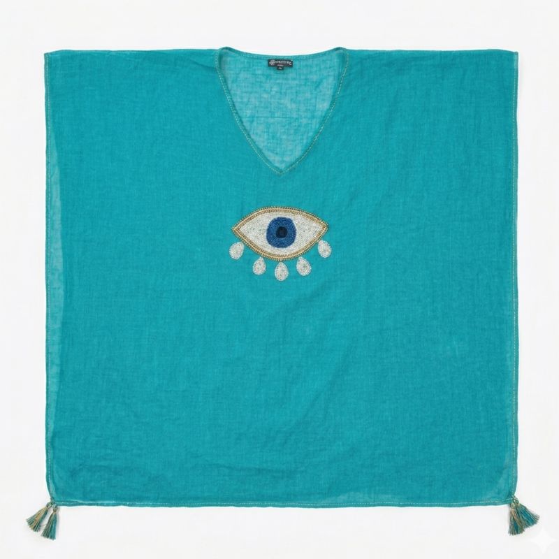 Nomad Sari Sur la collection On the Med - kaftan - turquoise avec or et blanc, grand œil porte-bonheur
