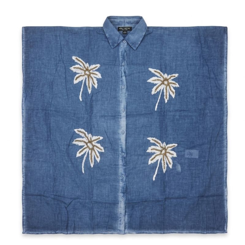 Nomad Sari Collection Méditerranée - Kaftan - Bleu avec décor de palmiers dorés et blancs