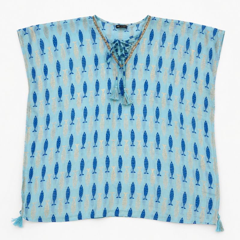 Nomad Sari Sur la collection Méditerranée - Kaftan - Imprimé poissons turquoises et bleus