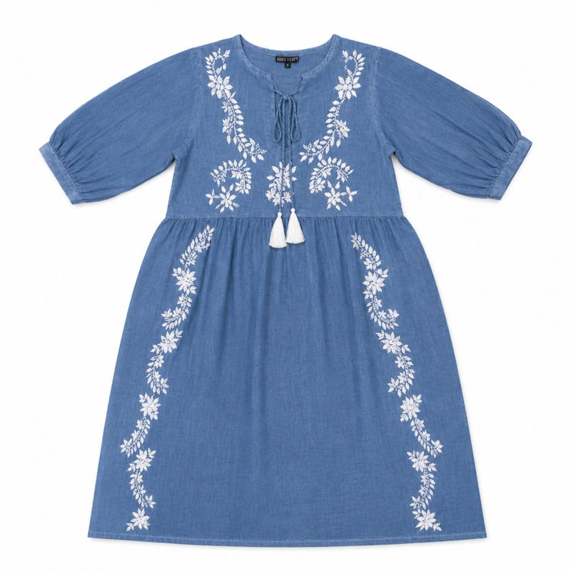 (M-L) Nomad Sari On the Med Collection - Robe - Bleu grisâtre avec broderie et pompons