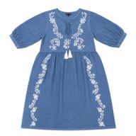 (M-L) Nomad Sari On the Med Collection - Robe - Bleu grisâtre avec broderie et pompons