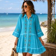 (M-L) Nomad Sari On the Med Collection - Robe tunique - Turquoise avec imprimé bloc œil maléfique