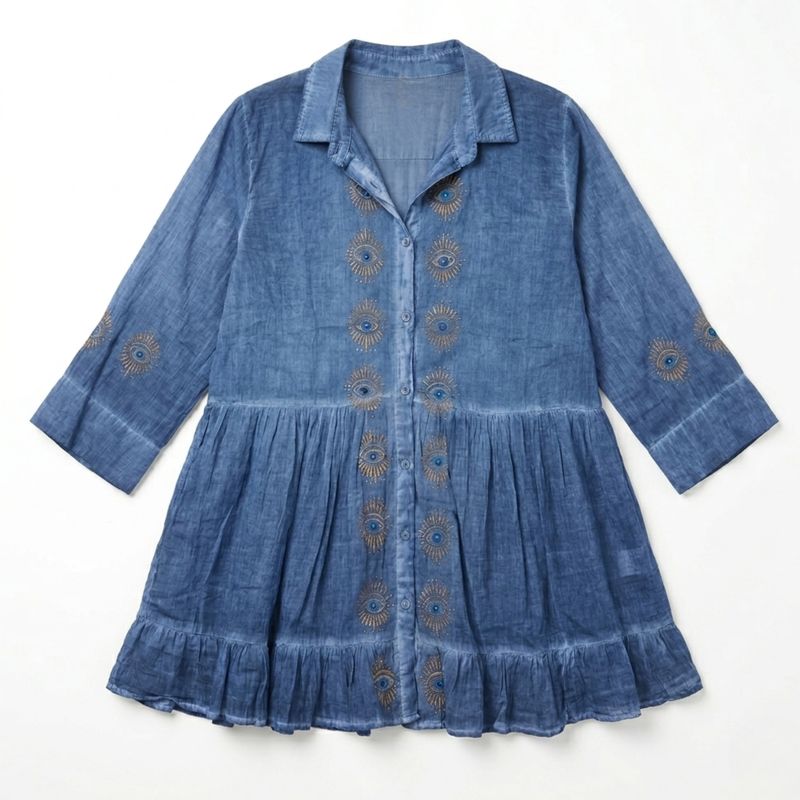 (M-L) Nomad Sari On the Med Collection -Robe tunique -  bleu grisâtre avec impression en bloc œil maléfique