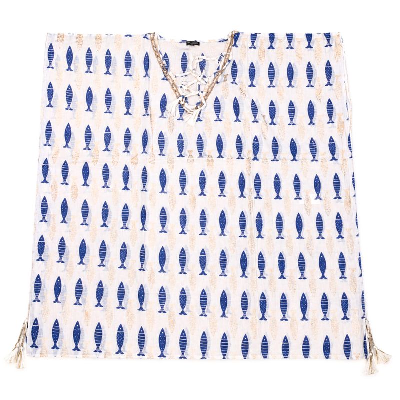 Nomad Sari On the Med Collection - Kaftan - Imprimé poisson blanc et bleu audacieux