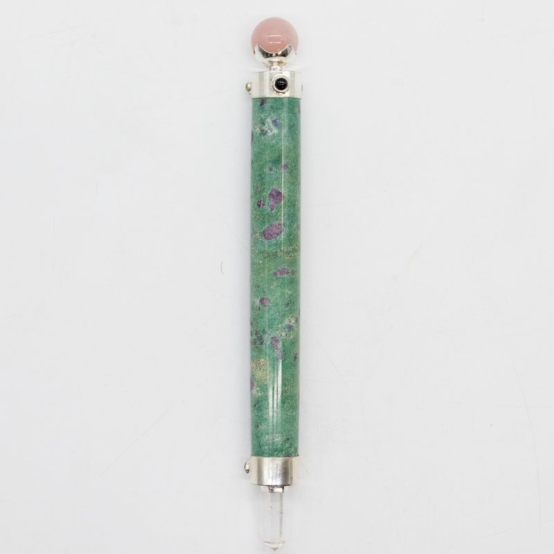 Bâton Cœur Verdoyant - Rubis-Fuchsite et quartz rose, boule de cristal au sommet - 23 cm