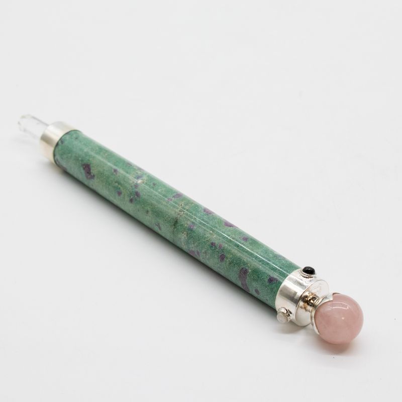 Bâton Cœur Verdoyant - Rubis-Fuchsite et quartz rose, boule de cristal au sommet - 23 cm