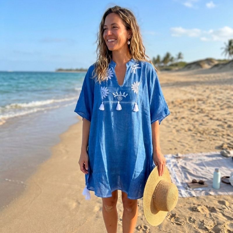 Nomad Sari On the Med Collection - Kaftan - Bleu avec broderie crème et franges