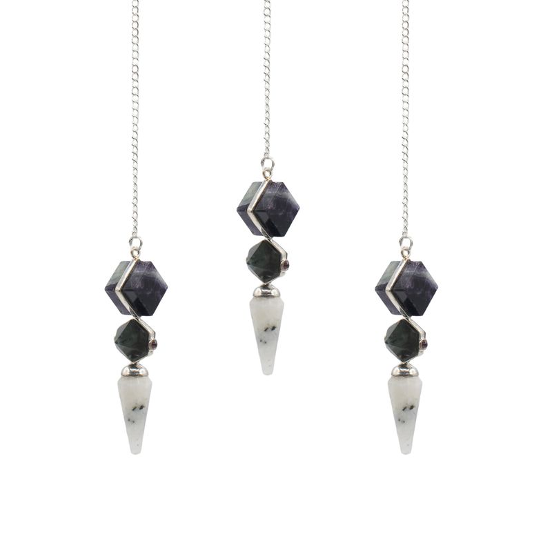 Édition Portail psychique - pendule à trois pièces - fluorite multicolore - labradorite - pierre de lune arc-en-ciel
