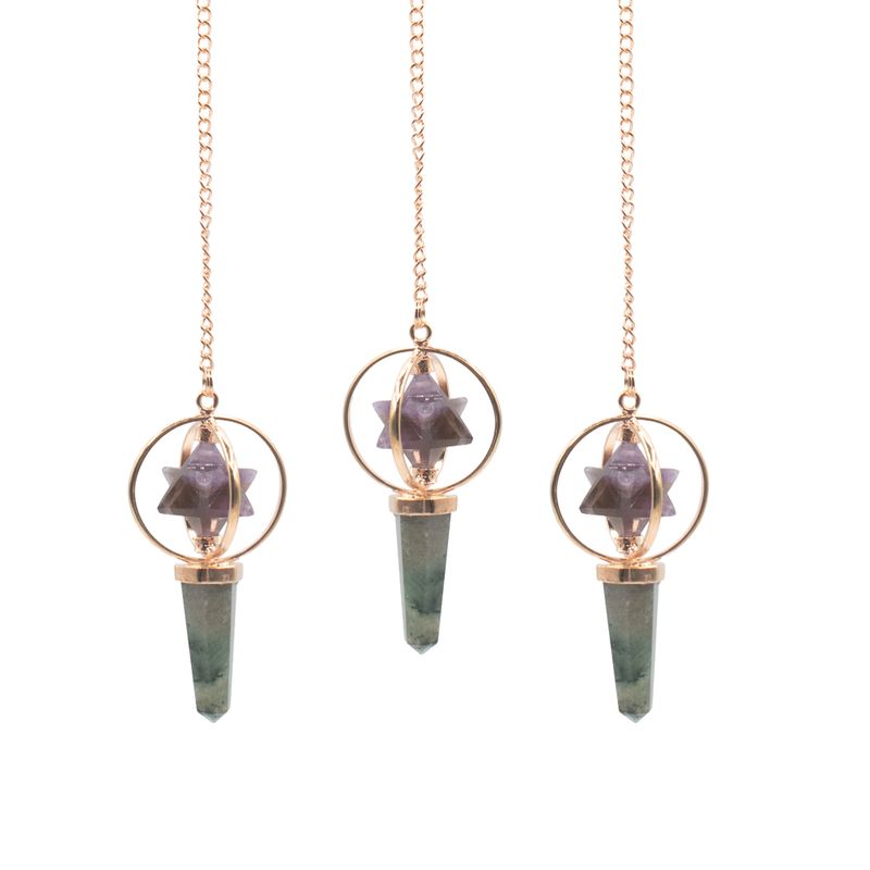 Navigateur Cosmique - Étoile Merkaba tournante à deux pièces dans un pendule en cuivre - Améthyste et Labradorite