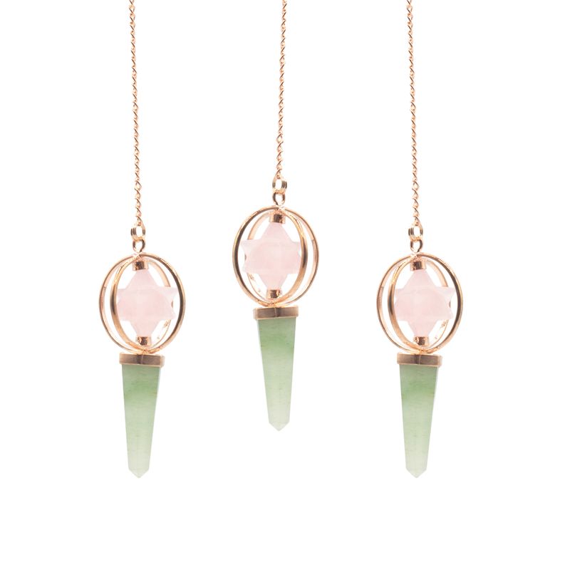 Boussole du cœur - Étoile Merkaba tournante en deux pièces dans un pendule en cuivre - Quartz rose et Aventurine verte