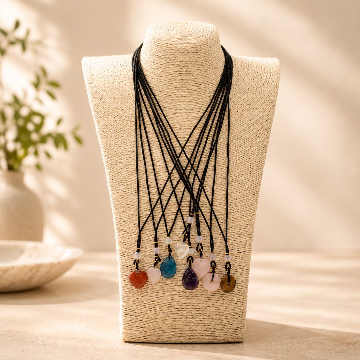 Collier à cordon, pendentifs en pierres précieuses