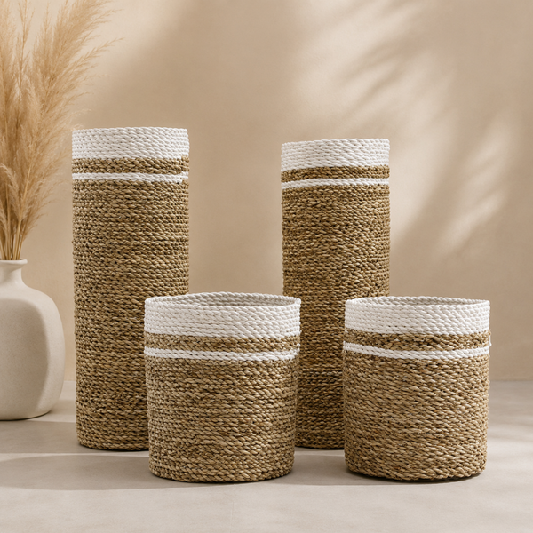 Ensemble vase et poubelles en jonc de mer