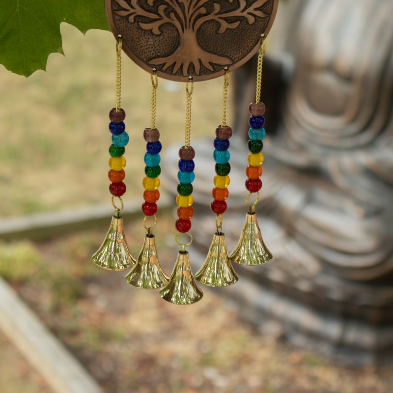 Carillons indiens - Arbre de Vie méditatif - Perles de chakra, 5 cloches - 10 x 36 cm