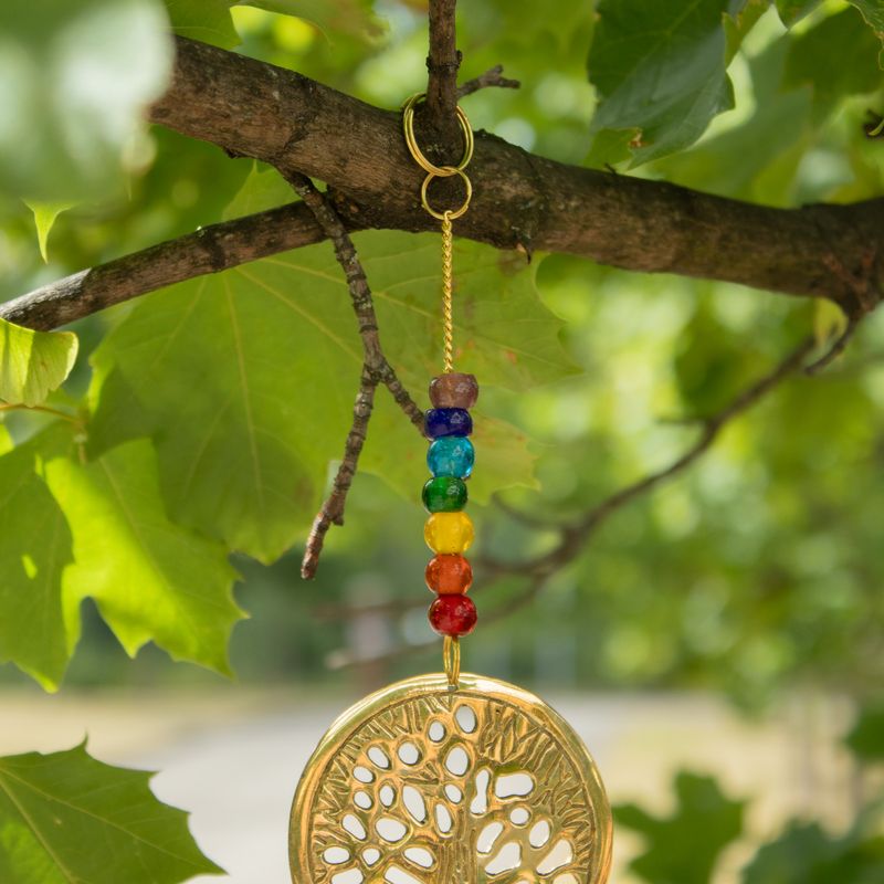 Carillons indiens - Arbre de Vie en laiton avec des perles de chakra - 3 cloches - 6,5 × 31 cm
