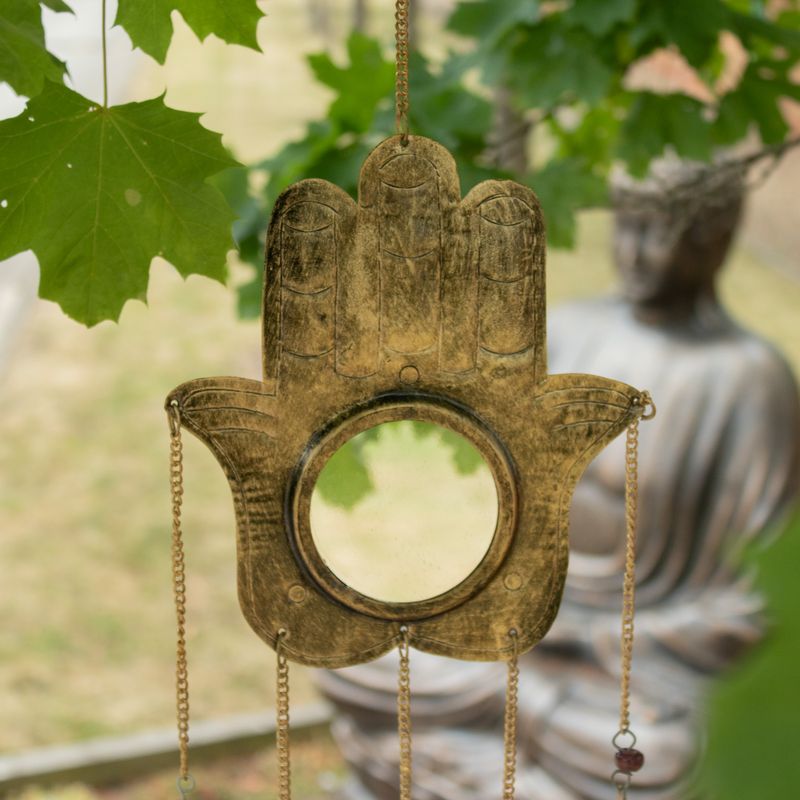 Carillons indiens - Miroir Hamsa grand - 5 cloches - 19 x 65 cm