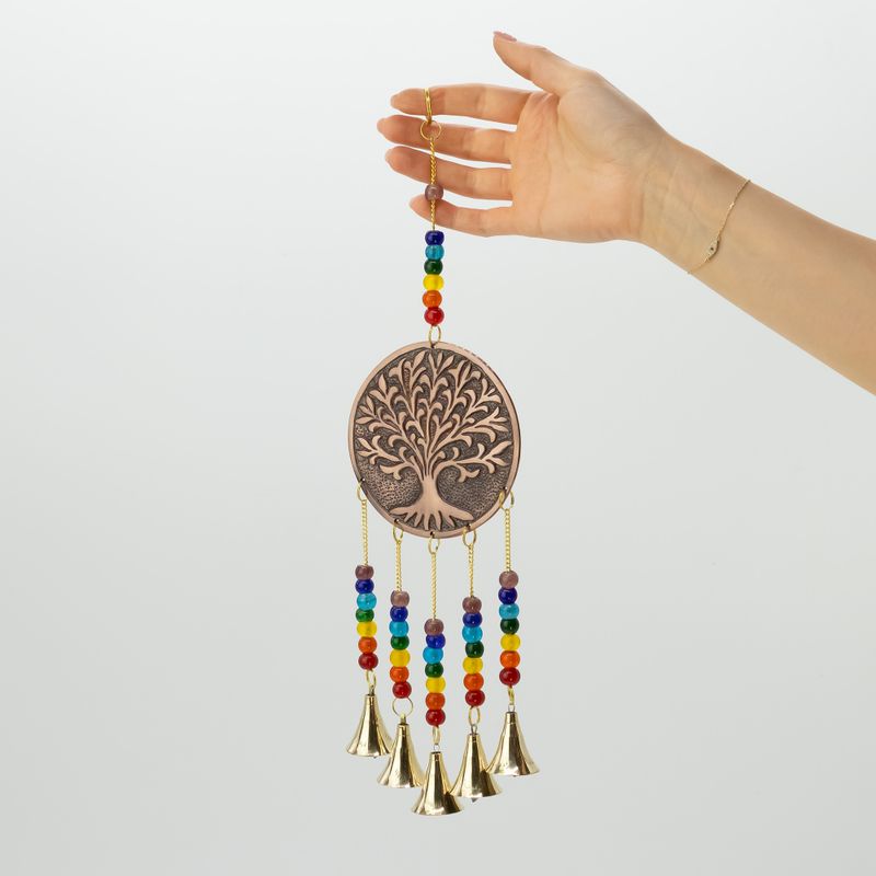 Carillons indiens - Arbre de Vie méditatif - Perles de chakra, 5 cloches - 10 x 36 cm