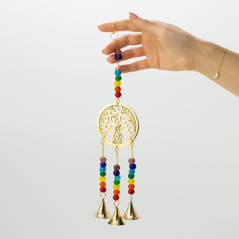 Carillons indiens - Arbre de Vie en laiton avec des perles de chakra - 3 cloches - 6,5 × 31 cm