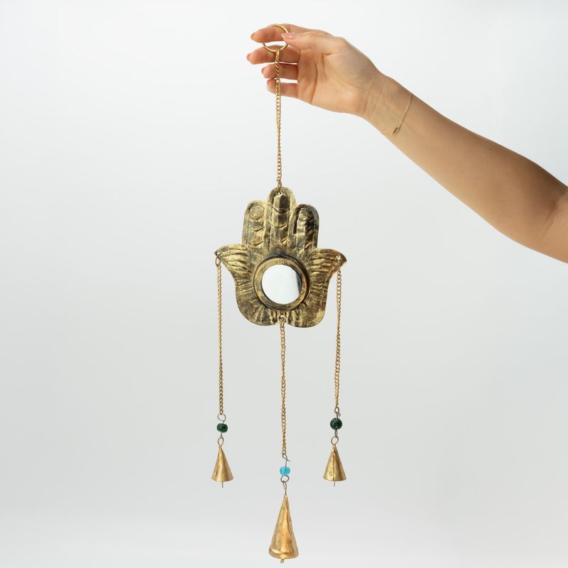 Carillons indiens - Miroir Hamsa petit - 3 cloches - 14x55cm