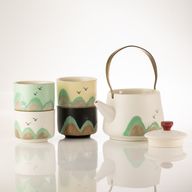 Mille milles - service à thé - quatre tasses - tissu cérémoniel et poignée en bambou