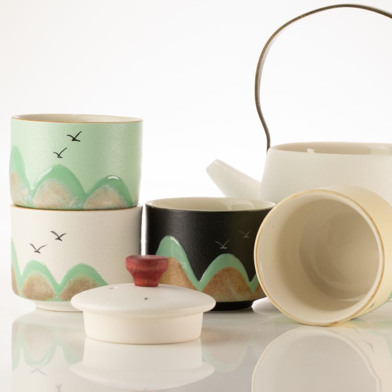 Mille milles - service à thé - quatre tasses - tissu cérémoniel et poignée en bambou