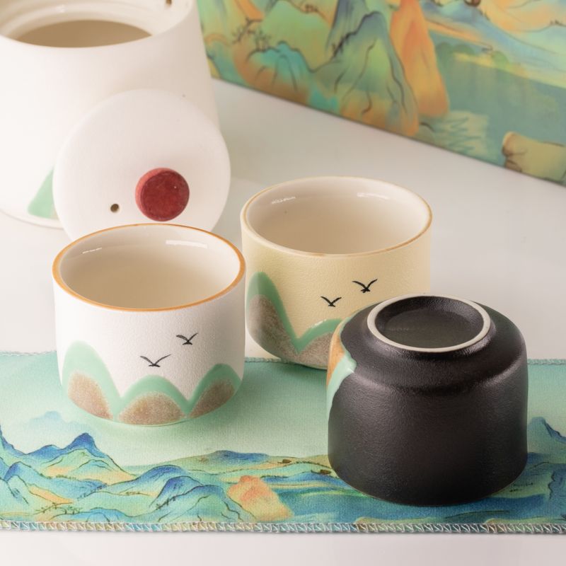 Mille milles - service à thé - quatre tasses - tissu cérémoniel et poignée en bambou