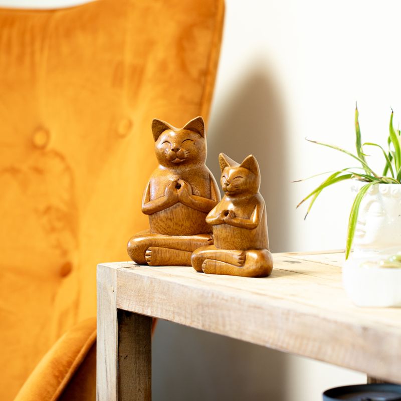 Porte-encens en bois sculpté - Chat de yoga, grand modèle