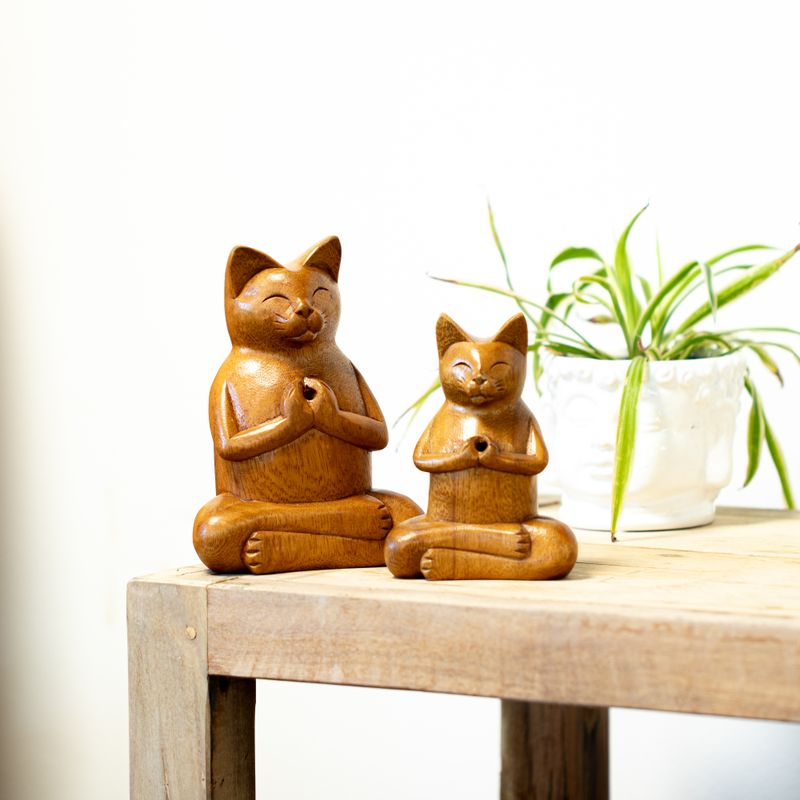Porte-encens en bois sculpté - Chat de yoga, grand modèle