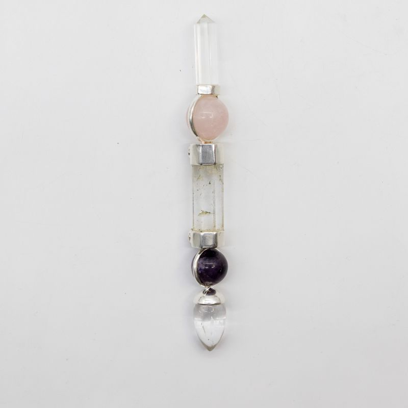 Bâton Axis of Grace - Boules d'améthyste et de quartz rose, tige en quartz - 12 cm