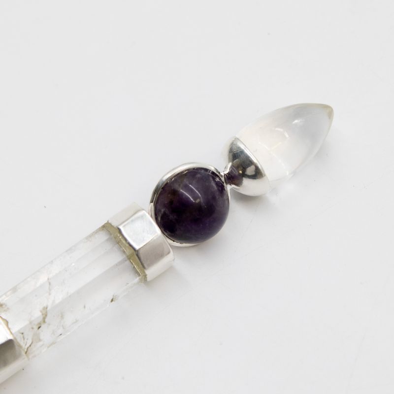 Bâton Axis of Grace - Boules d'améthyste et de quartz rose, tige en quartz - 12 cm