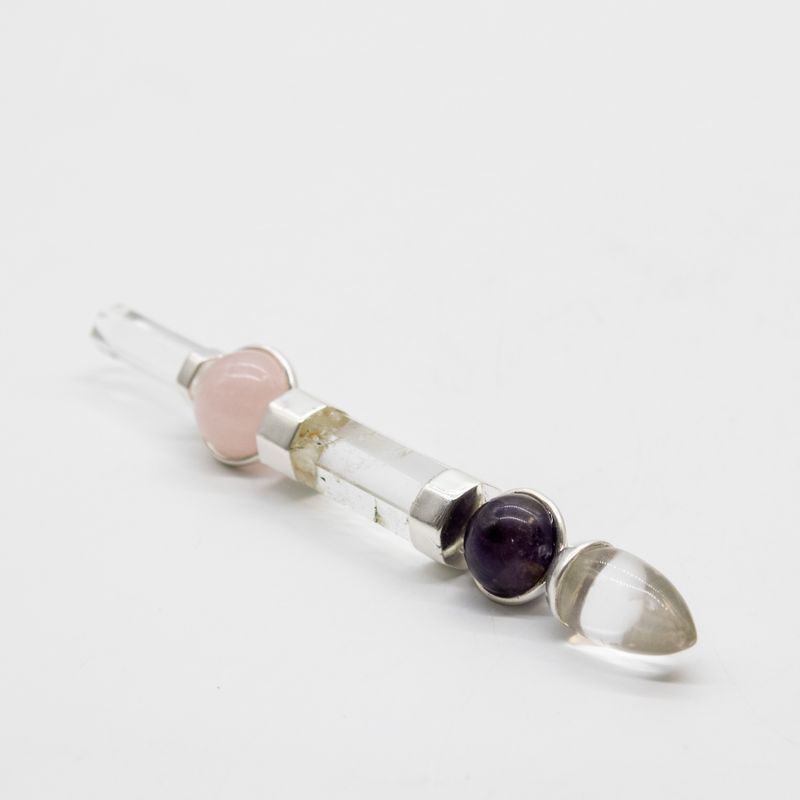 Bâton Axis of Grace - Boules d'améthyste et de quartz rose, tige en quartz - 12 cm