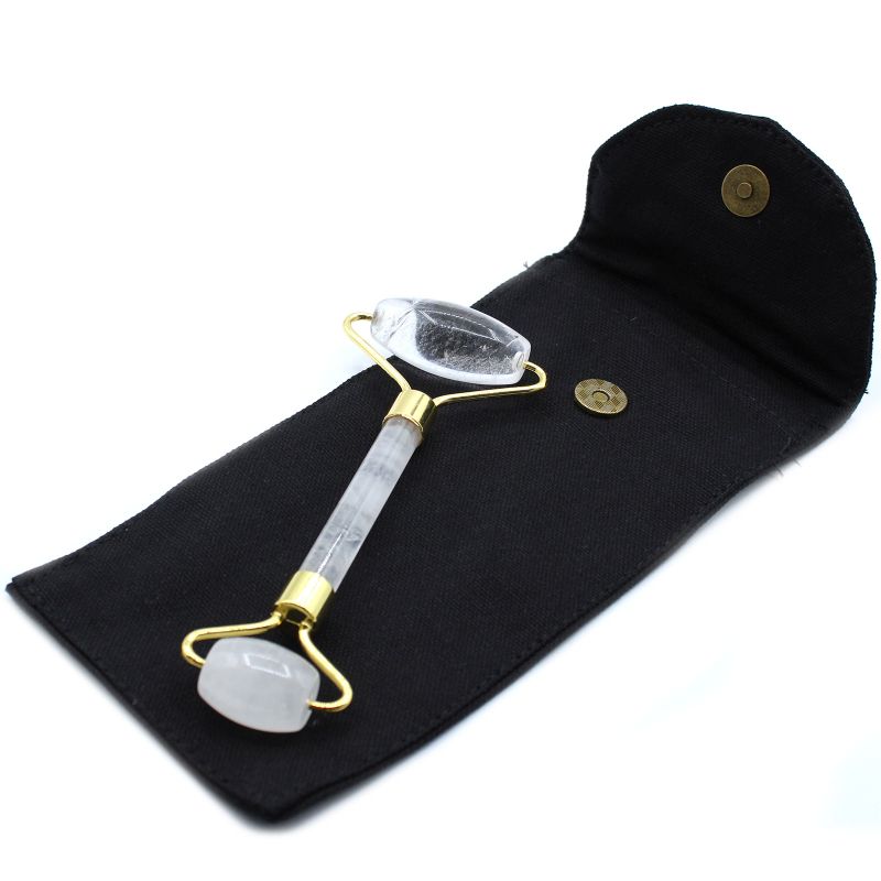 Rouleau pour le visage en pierre gemme - quartz cristal de roche avec pochette